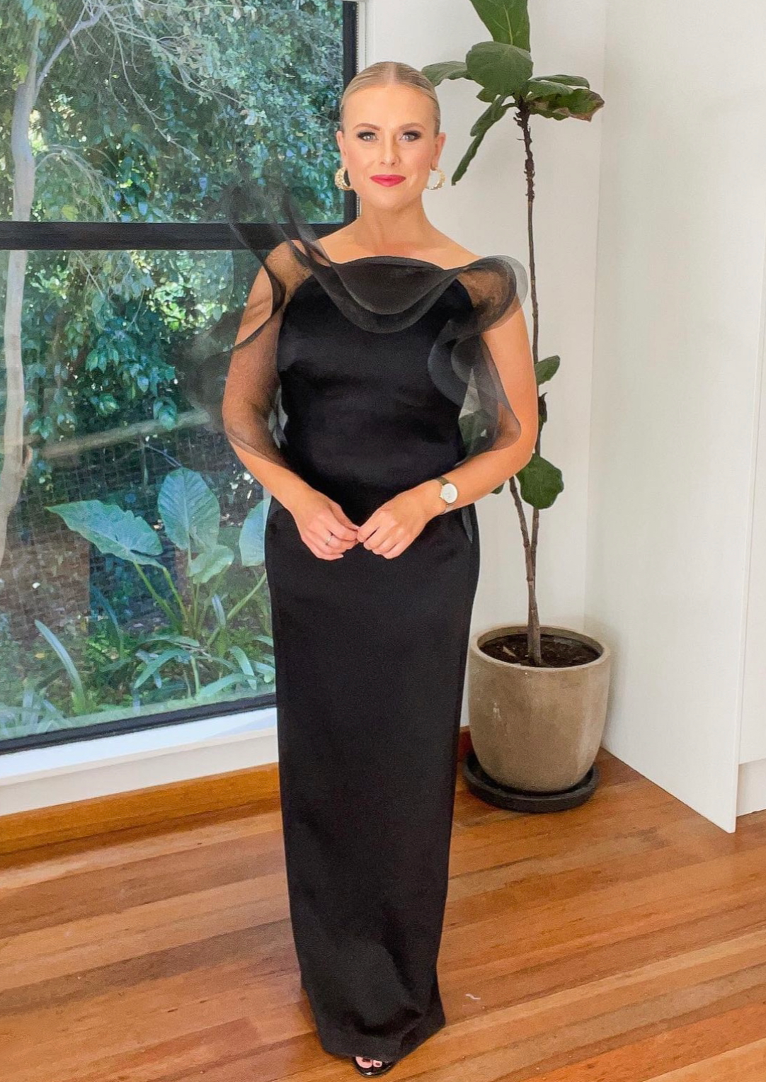 Carla Zampatti Satin Ruffle Shoulder Gown, Black