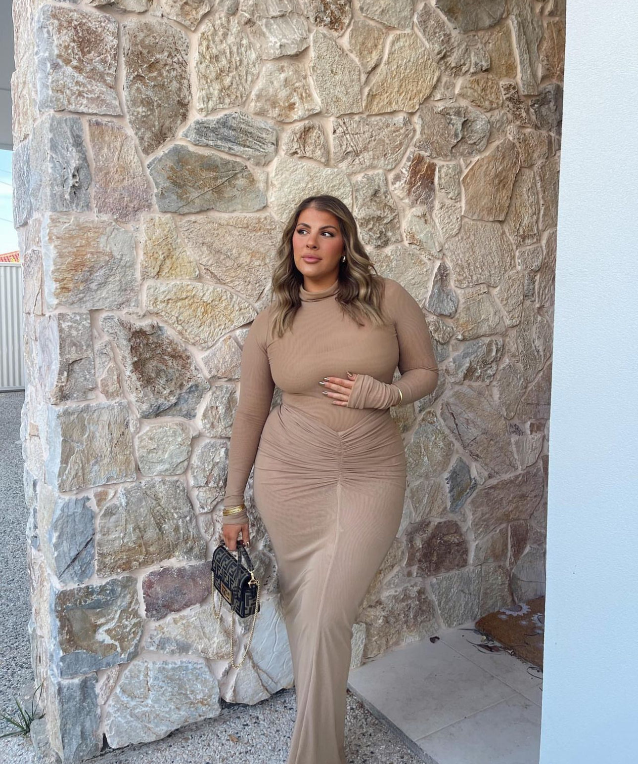 Effie Kats Pillar Skirt & Bodysuit, Latte