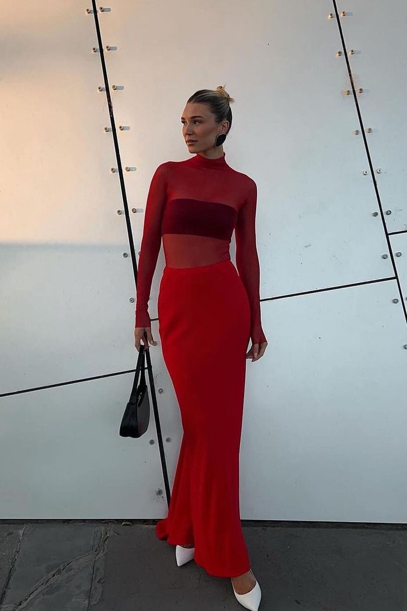 Carla Zampatti Red Bodysuit & Crepe Skirt