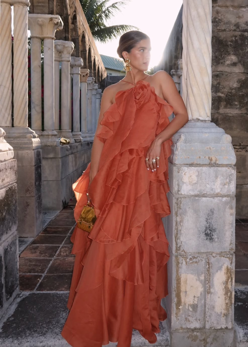 Aje Pandorea Layered Maxi Dress, Coral Clay Plus One Dress Hire Aje Pandorea Layered Maxi Dress, Coral Clay Plus One Dress Hire