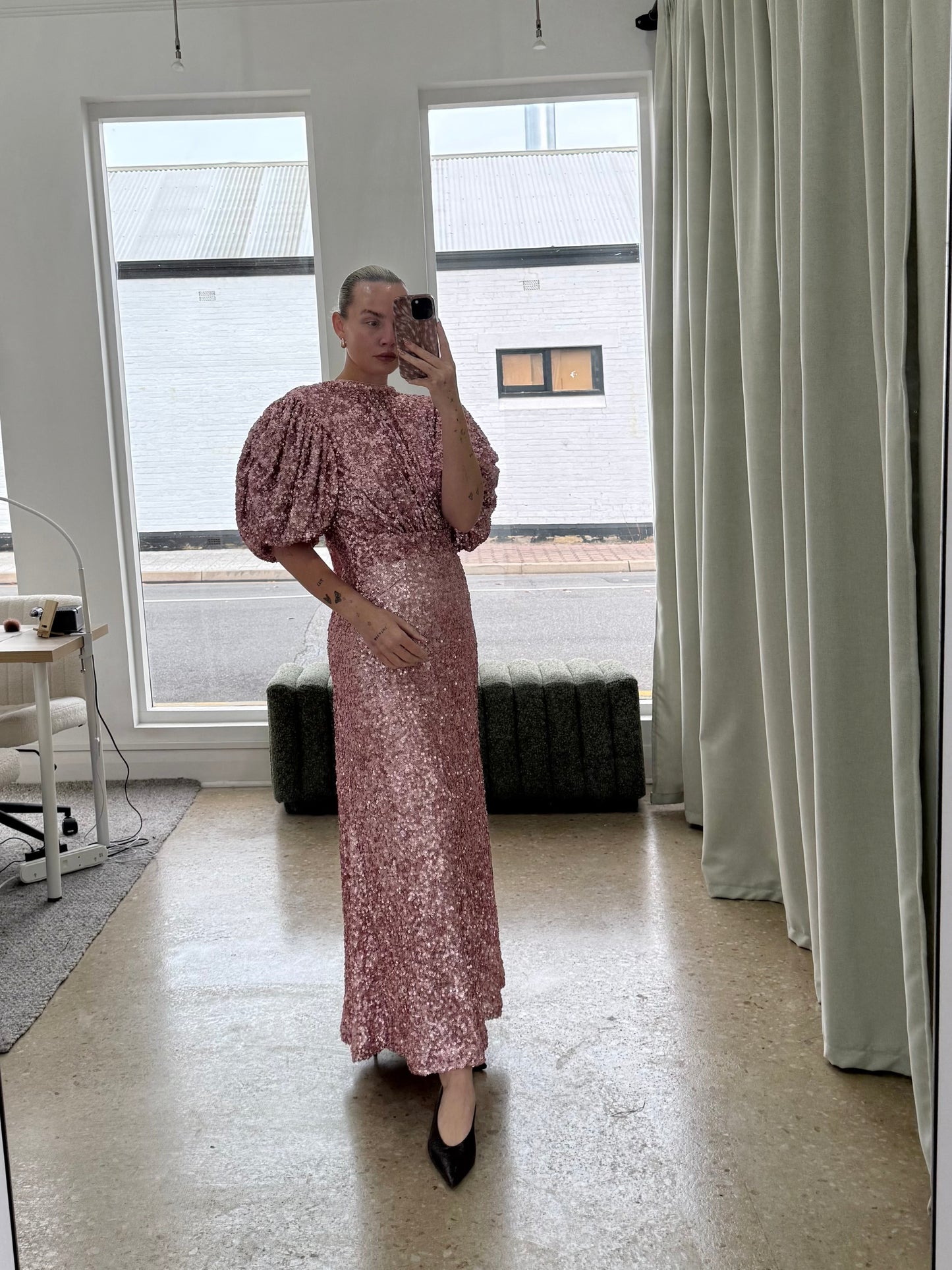 Rotate Sequined Puff-Sleeve Maxi Dress