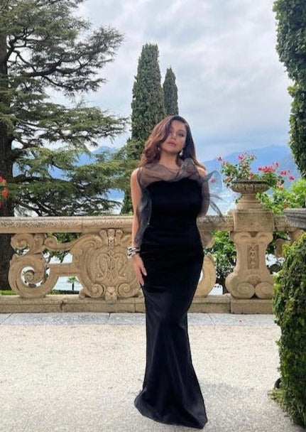 Carla Zampatti Satin Ruffle Shoulder Gown, Black – Plus One Dress Hire