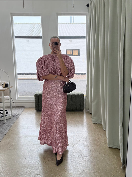 Rotate Sequined Puff-Sleeve Maxi Dress
