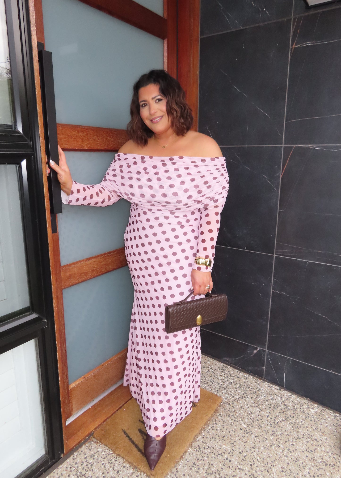 AFRM Thelma Dress in Birch Dot, Pink/Brown