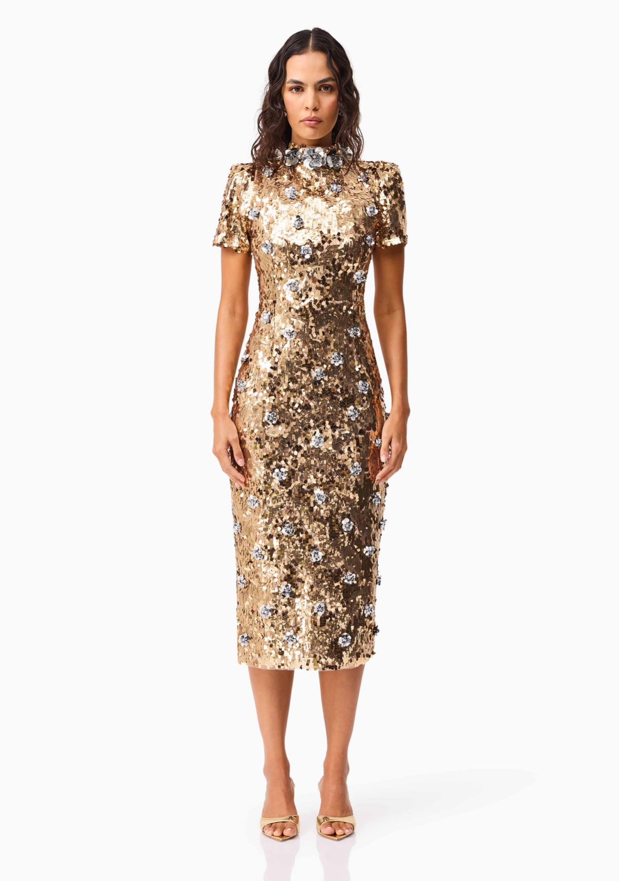 Noelle Sequin Short Sleeve Midi Dress in Gold Plus One Dress Hire Noelle Sequin Short Sleeve Midi Dress in Gold Plus One Dress Hire