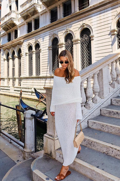 Meshki Off Shoulder Boucle Maxi Dress, Ivory 12