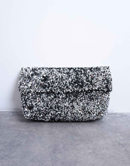Folded clutch grab sequin bag, silver