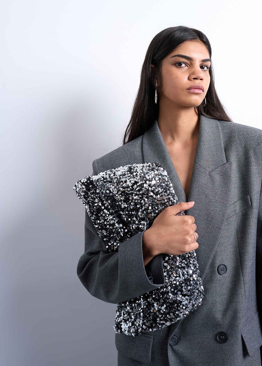 Folded clutch grab sequin bag, silver