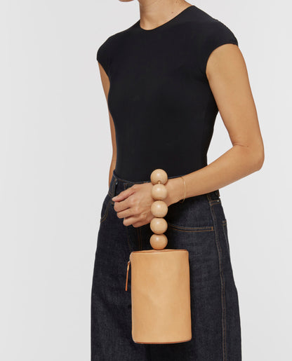 Building Block Wood Ball Wristlet bag, Tan